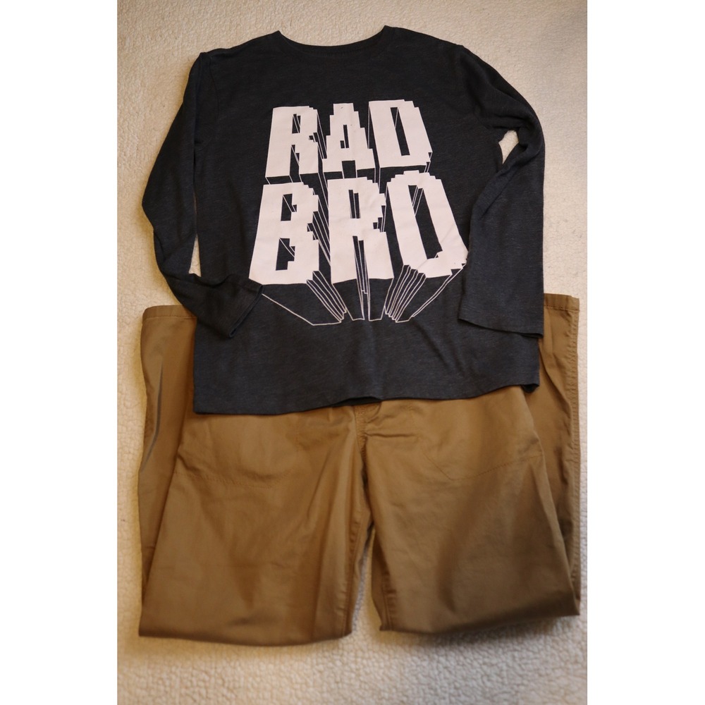 Boys Cat & Jack Khaki Pants & Childrens Place Rad Bro Graphic Shirt Set Size 7/8